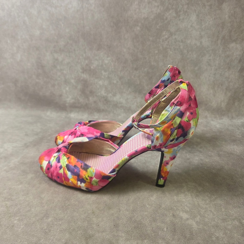 K9 by Rocket Dog Floral Peep Toe Heels SZ 9.5 Multi Ankle Strap Pumps Retro Sty